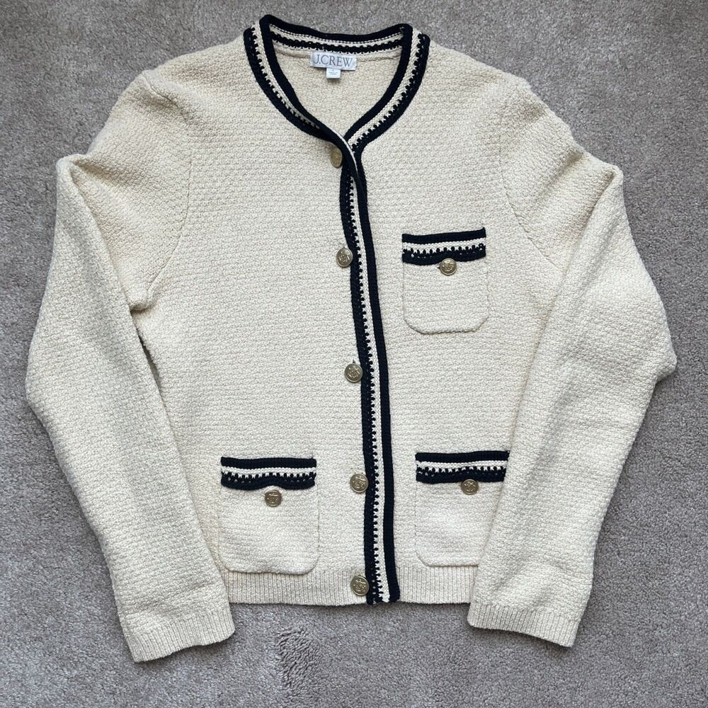 J Crew Cardigan Sweater Women Large Contrast Trim Ivory Lady Jacket Gold Button